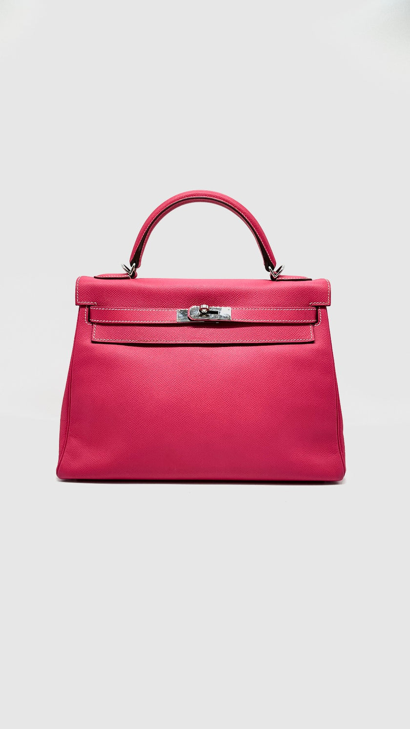 Preowned. Hermes Kelly 32 Bicolor Candy Collection Rose Tyrien/Tosca Epsom PHW. O84.S|11283
