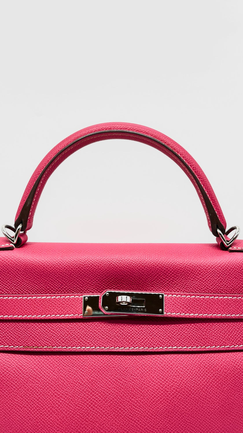 Preowned. Hermes Kelly 32 Bicolor Candy Collection Rose Tyrien/Tosca Epsom PHW. O84.S|11285