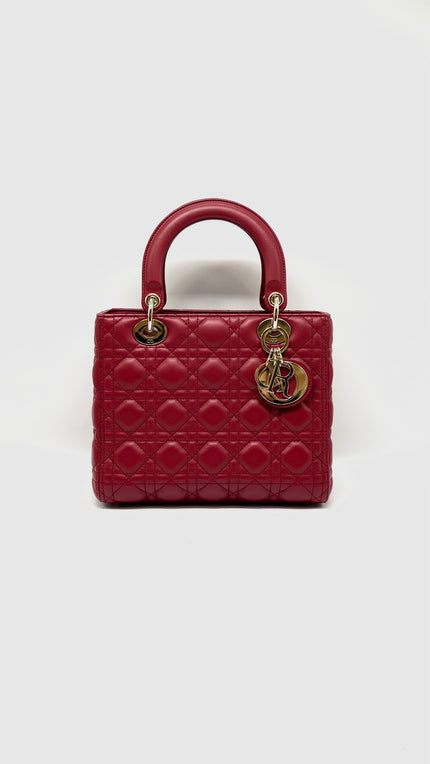 Preowned. Lady Dior Medium Lambskin Red GHW. 18MA0199|11608