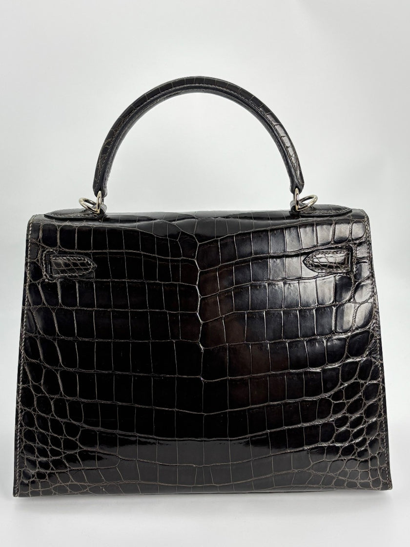 [SALE] Preowned. Hermes Kelly 28 Croc Gris Fonce. J45S|3366
