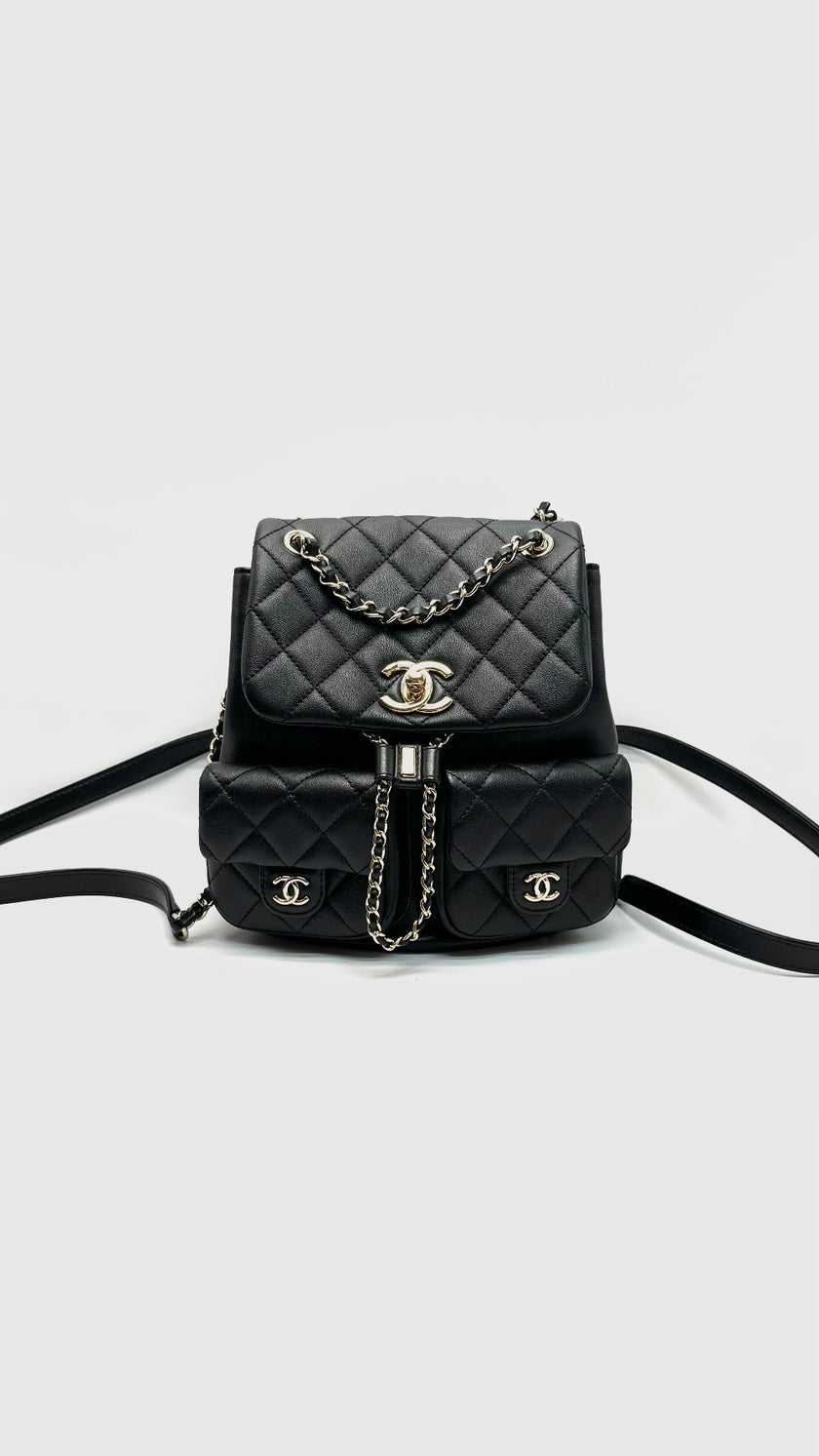 Preowned. Chanel Mini Duma Pockets Drawstring Backpack Black GHW. HL1N3P39|16554