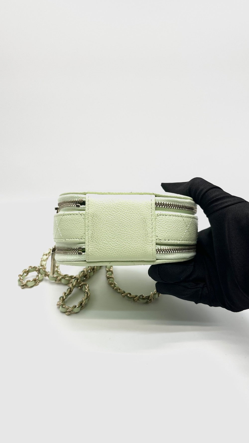 Brand New. Chanel Quilted Round Handle With Care Vanity Chain Light Green Caviar GHW. 31775245|15542