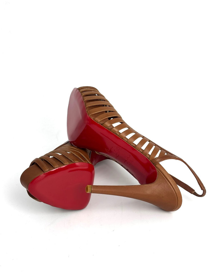 Preowned. Louboutin Strappy Platform Slingback Tan. 36.5|12921