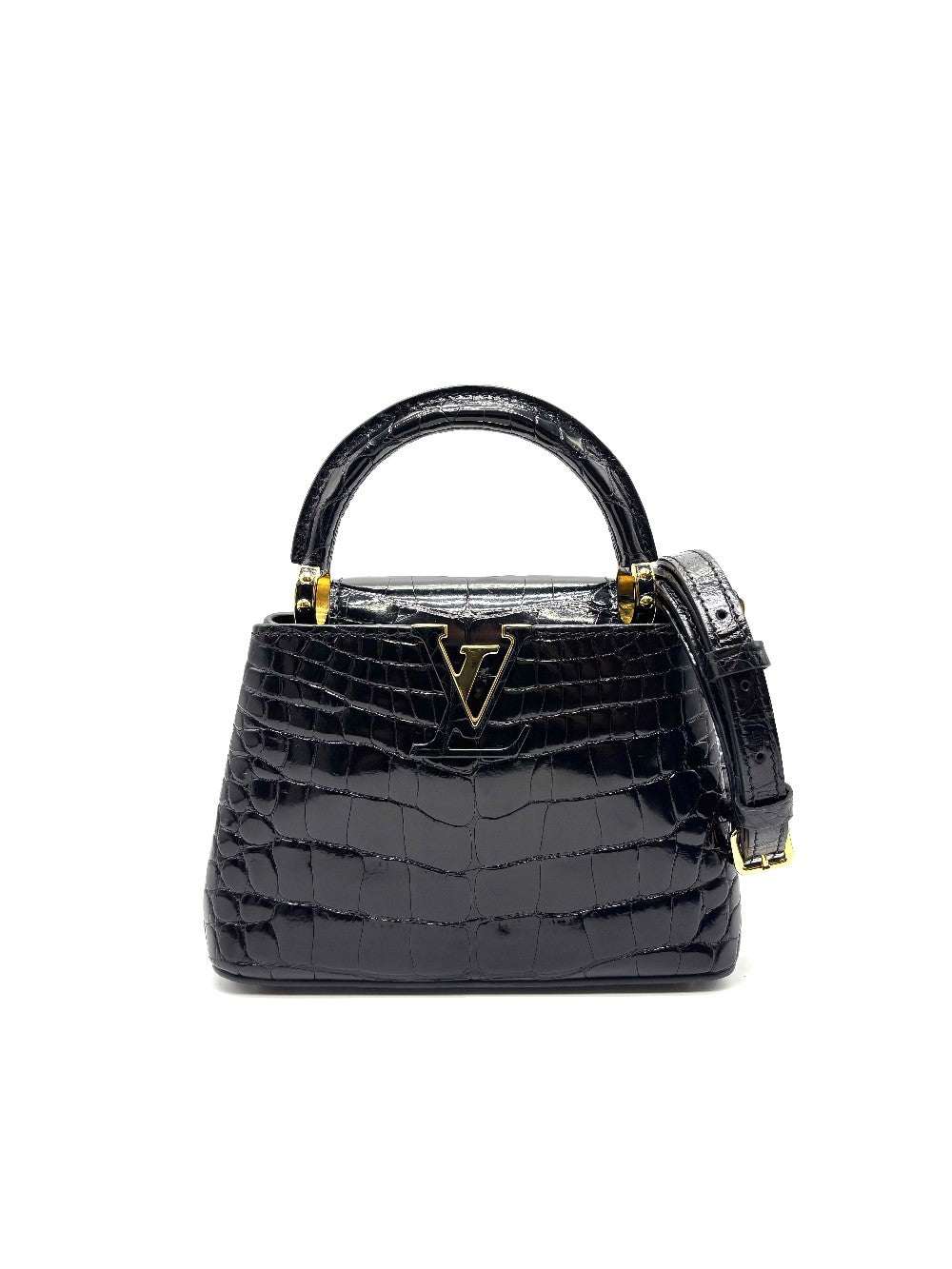 Preowned. LV Capucines Glossy Croc Black GHW|17212
