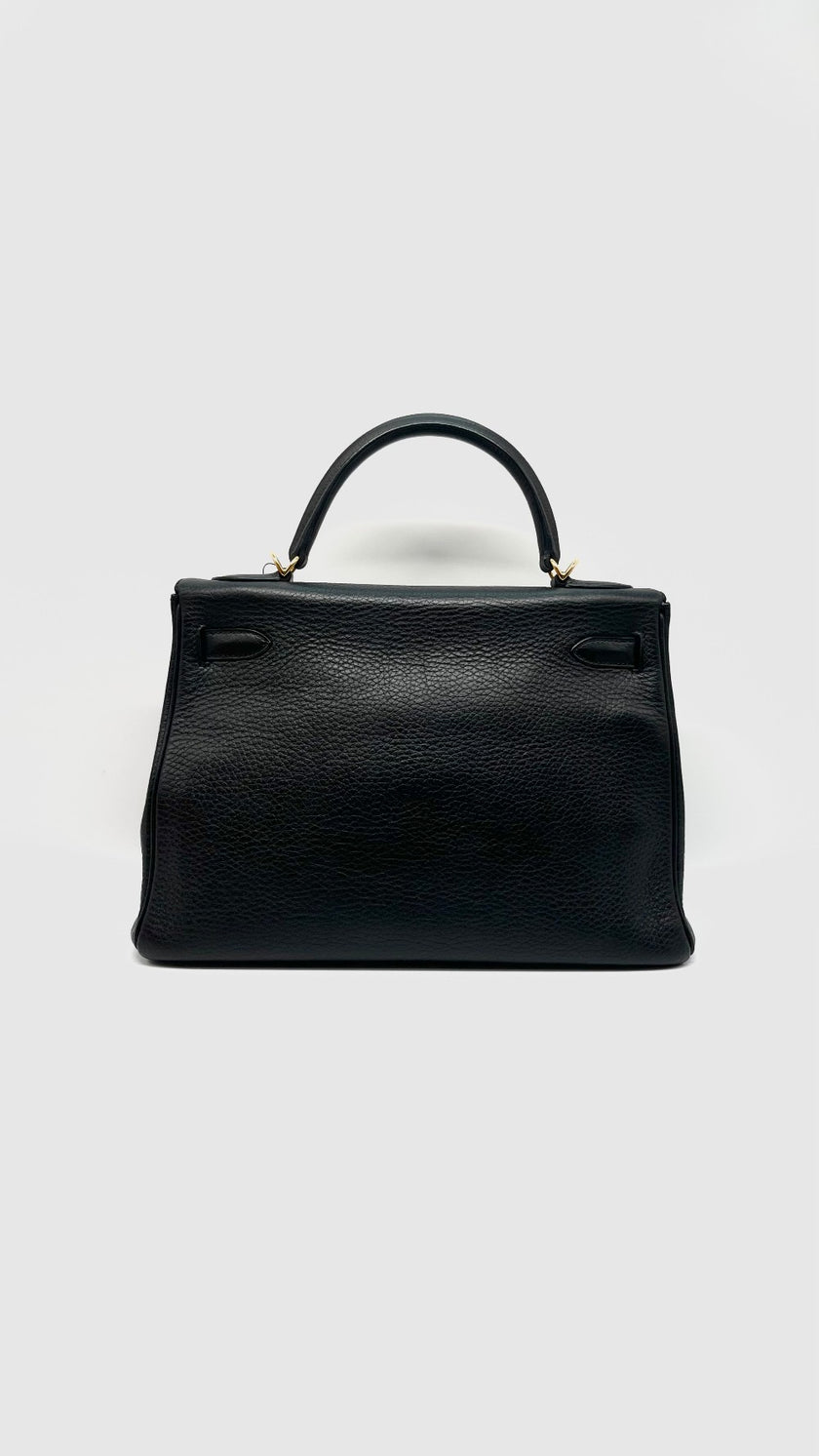 Preowned. Hermes Kelly 32 Black Clemence GHW. Square QMI48|14668