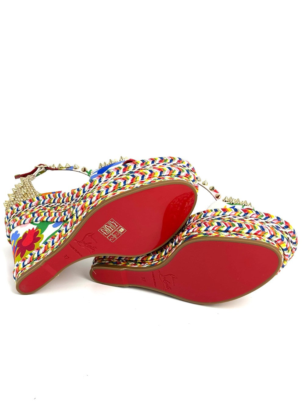 Brand New. Christian Louboutin Madmonica Espadrille Wedge Multicolor Gold Studded. 37|12369