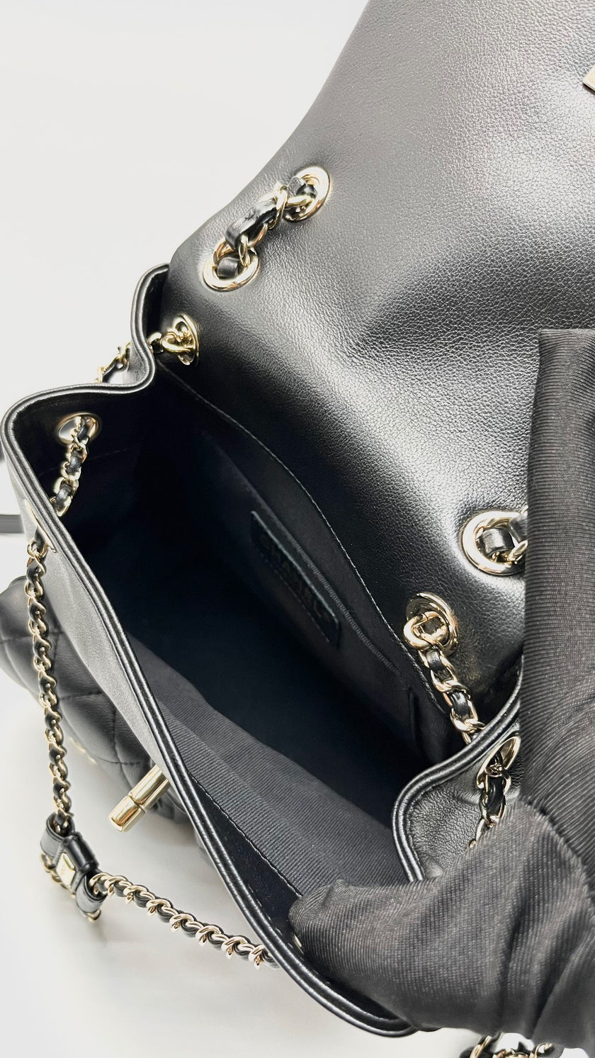 Preowned. Chanel Mini Duma Pockets Drawstring Backpack Black GHW. HL1N3P39|16559