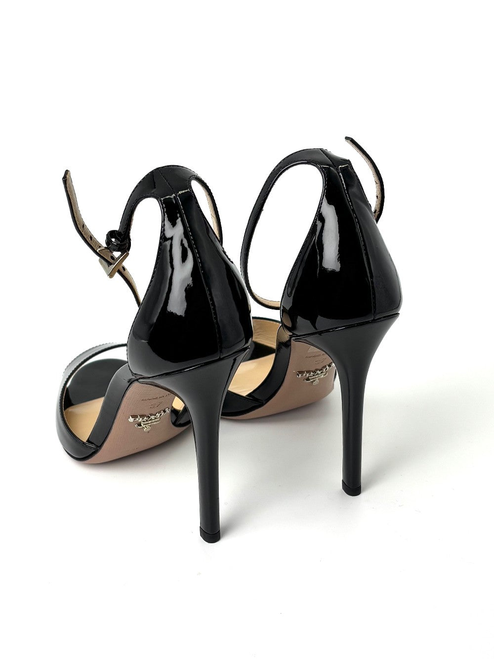 Brand New. Prada Open Toe Heels Black Patent. 37|7419