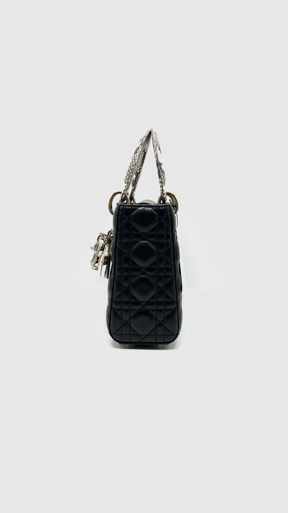Like New. Lady Dior Small Black Lambskin with Snakeskin Top Handle GHW. 02MA0254|14677