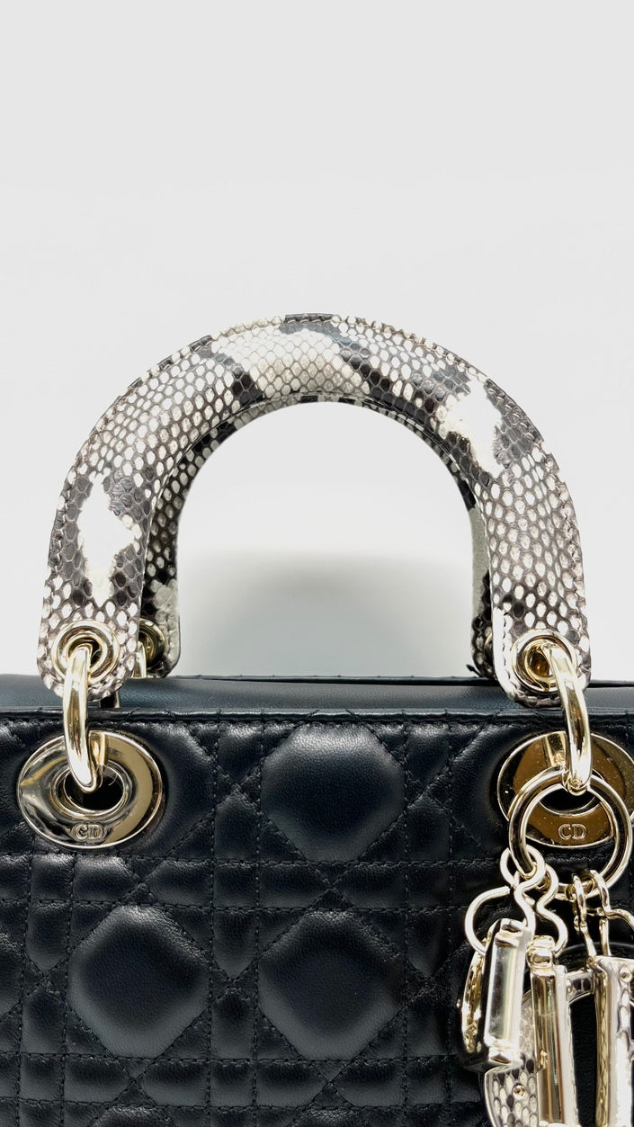 Like New. Lady Dior Small Black Lambskin with Snakeskin Top Handle GHW. 02MA0254|14675