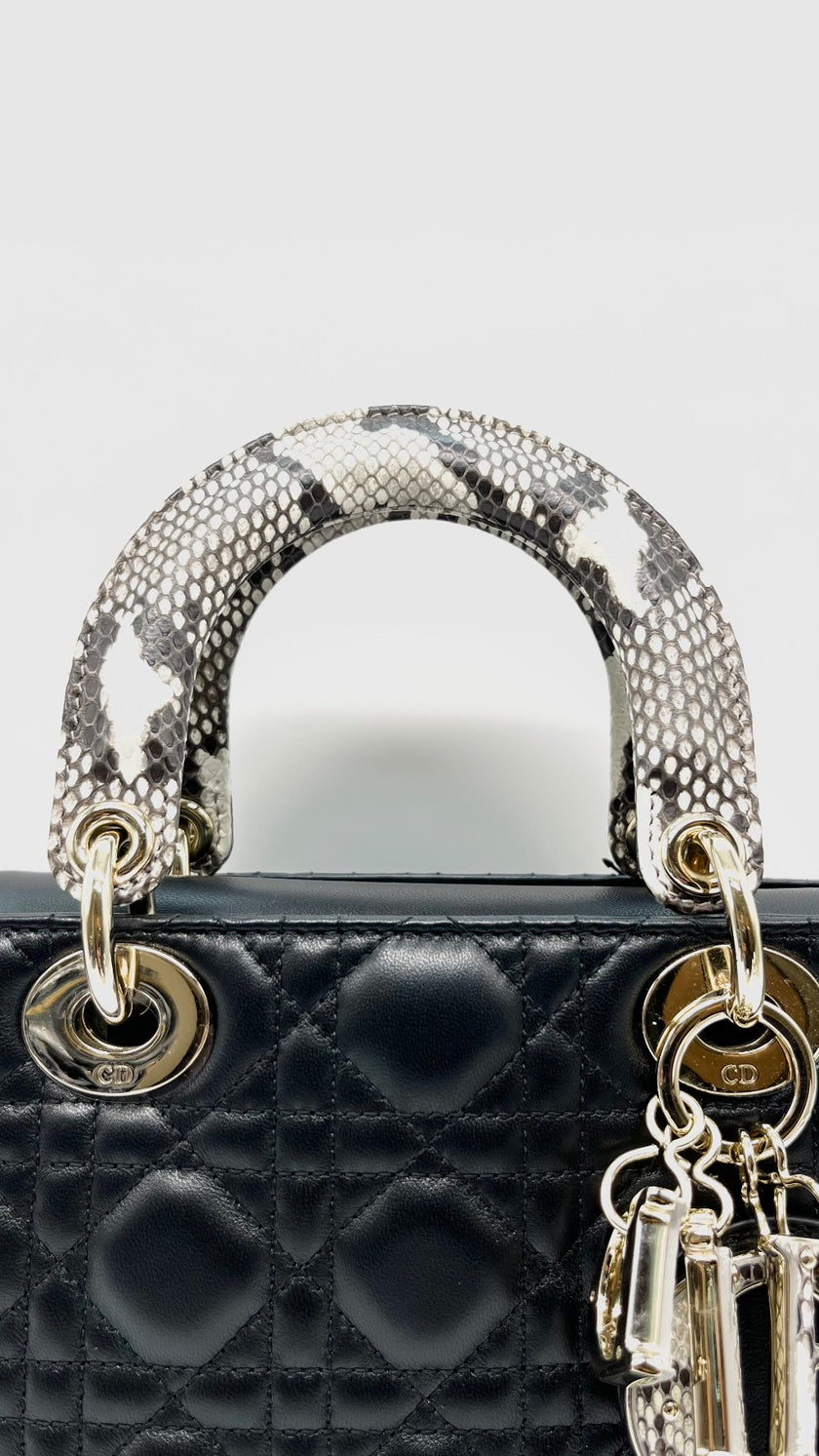 Like New. Lady Dior Small Black Lambskin with Snakeskin Top Handle GHW. 02MA0254|14675