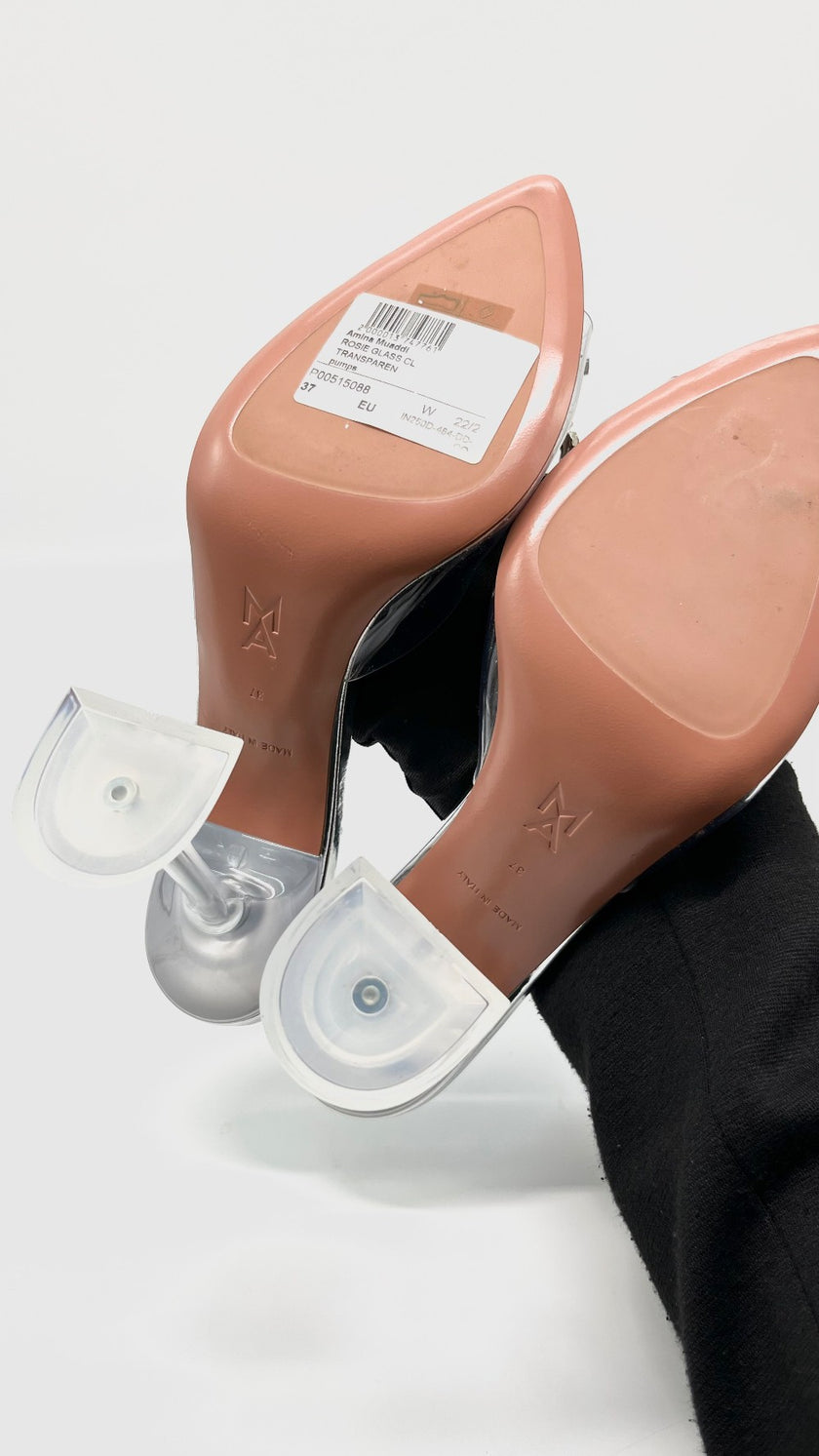 Brand New. Amina Muaddi Begum Glass. 37|10619