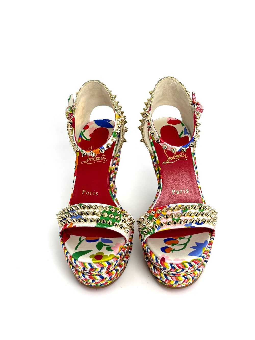 Brand New. Christian Louboutin Madmonica Espadrille Wedge Multicolor Gold Studded. 37|12365