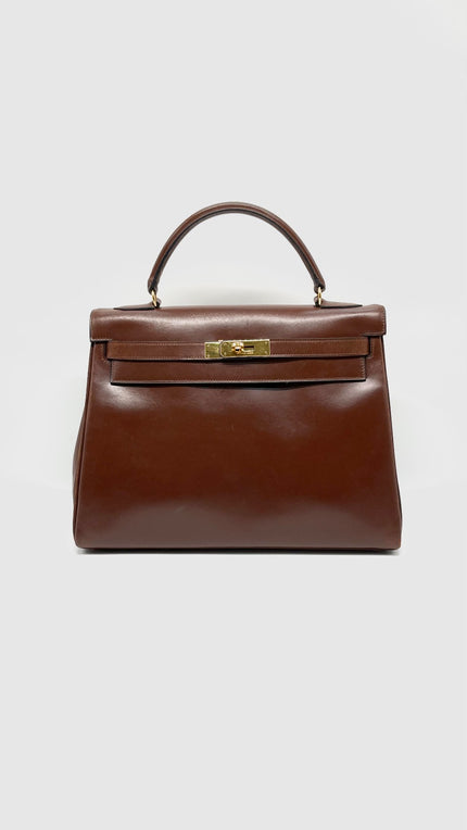 Preowned. Hermes Kelly 32 Vintage Box Brown GHW. Circle H MA|13917