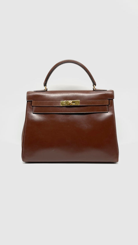 Preowned. Hermes Kelly 32 Vintage Box Brown GHW. Circle H MA|13917