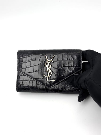 Preowned. YSL Coin/Card Holder Flap Black Croc|7136