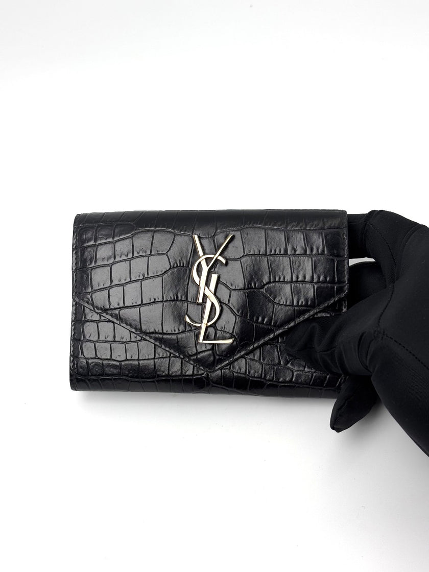 Preowned. YSL Coin/Card Holder Flap Black Croc|7136