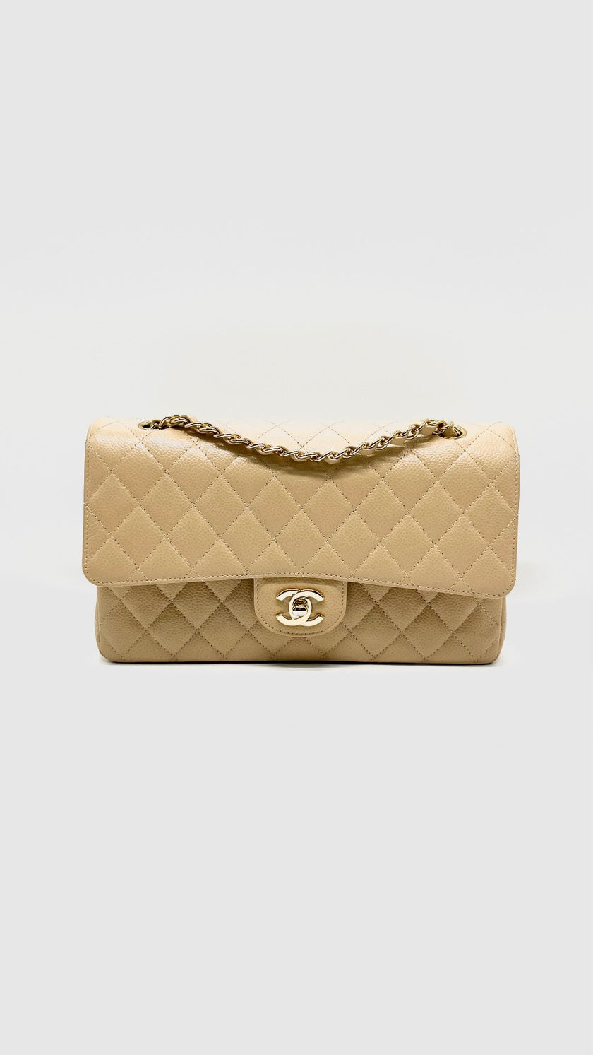 Like New. Chanel Medium Double Flap Caviar Beige GHW. U04NGEJ0|13127