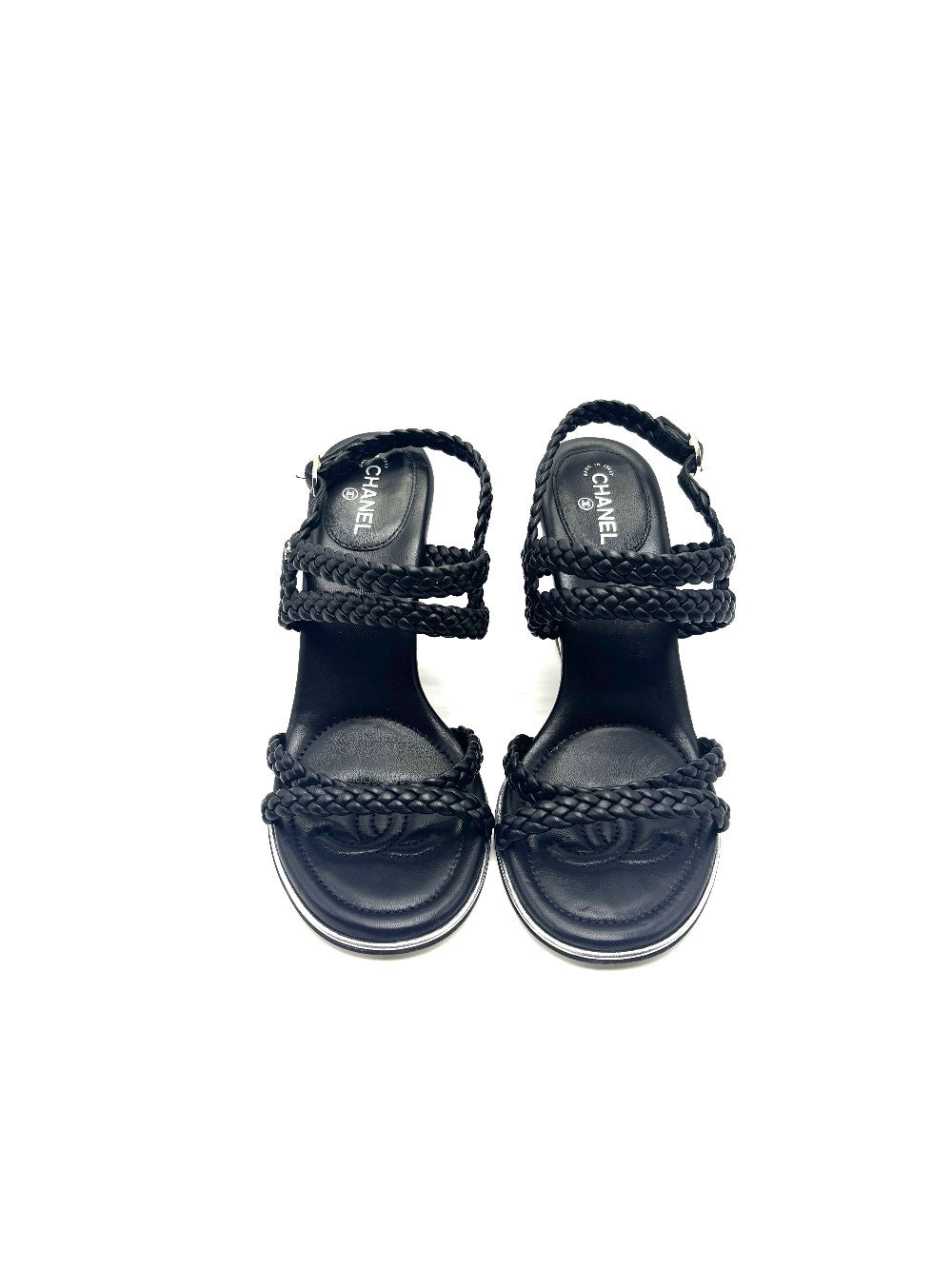 Preowned. Chanel Braided Wedge Black. 37.5|17045