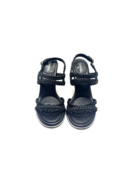 Preowned. Chanel Braided Wedge Black. 37.5|17045