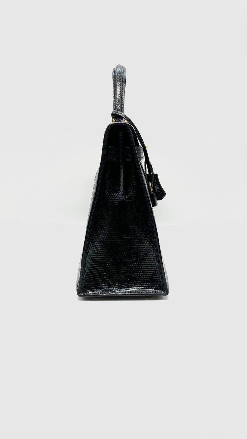 Preowned. Hermes Kelly 32 Noir Lizard GHW. U Circle R|11224