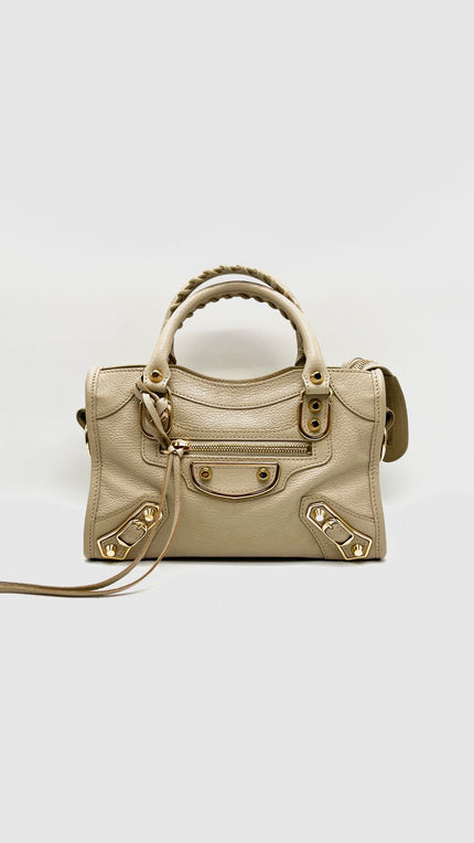 Like New. Balenciaga Metallic City Edge Mini Beige GHW|16041