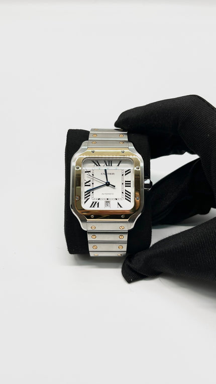 Preowned. Cartier Santos Large Silver Opaline DIal Two Toned Bezel Steel Bracelet 39.8mm 22 Links|10891