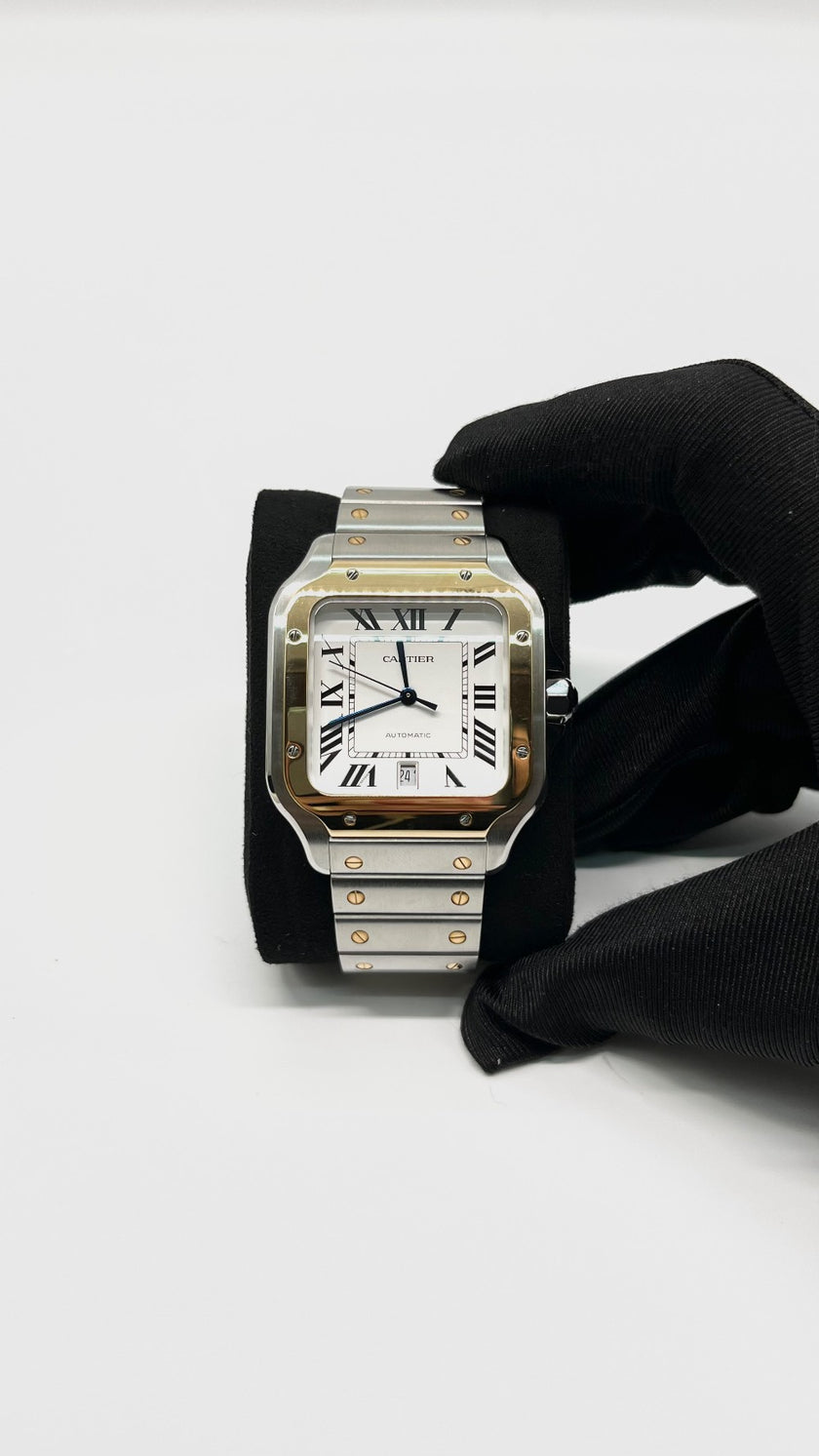 Preowned. Cartier Santos Large Silver Opaline DIal Two Toned Bezel Steel Bracelet 39.8mm 22 Links|10891