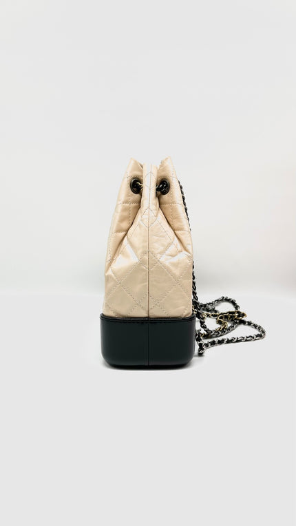 Preowned. Chanel Small Gabrielle Backpack Clafskin Beige/Black Mixed Metal. 25376023|10363