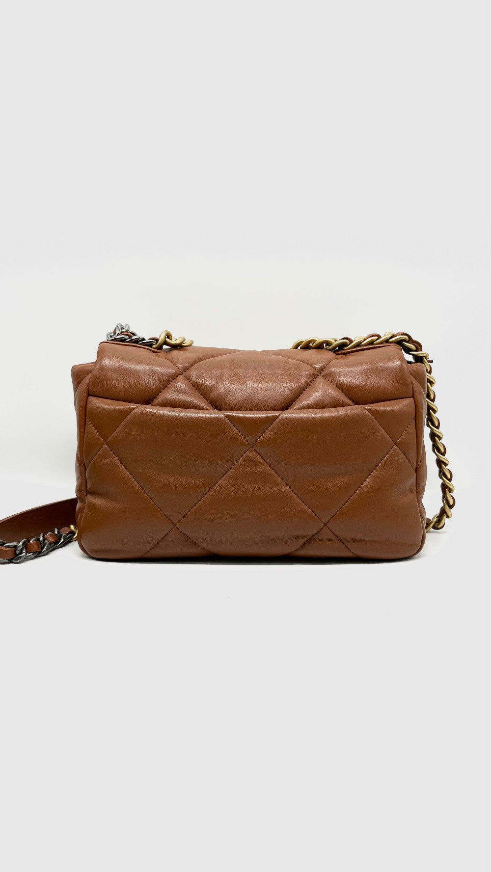 Like New. Chanel C19 Small Caramel Lambskin Ruth/Silver/Gold HW. T7AEUT96|12712