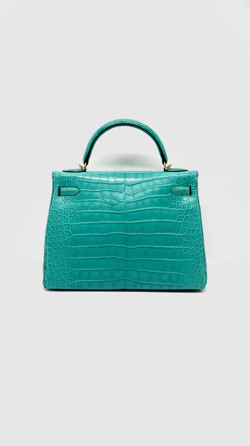 Like New. Hermes Kelly 32 Blue Lagoon Missippiensis Alligator GHW. API125MZ|15261