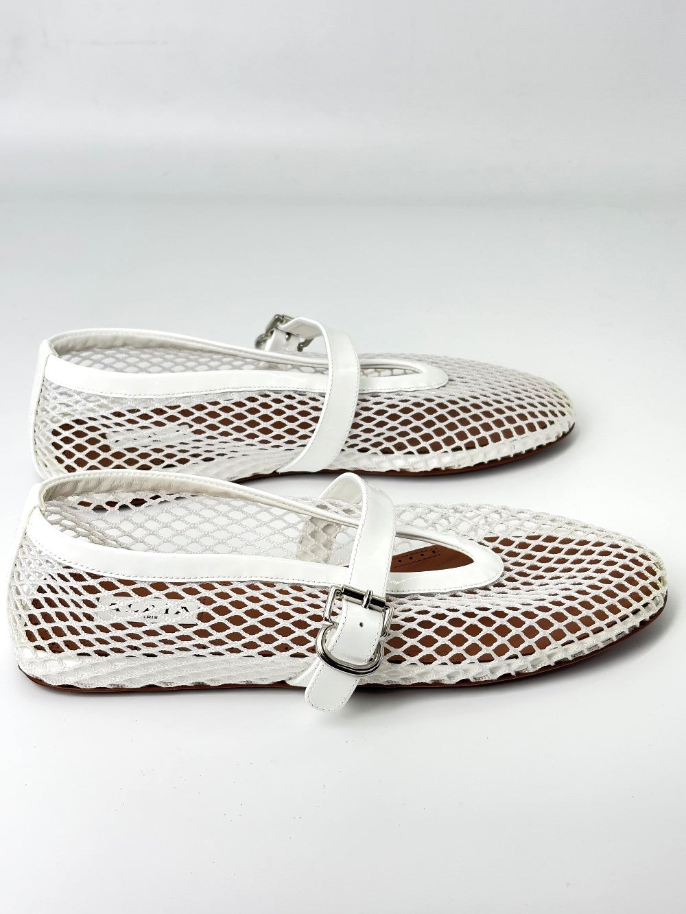 Brand New. Alaia Ballet Flats Fishnet Patent White Calfskin. 37|7359