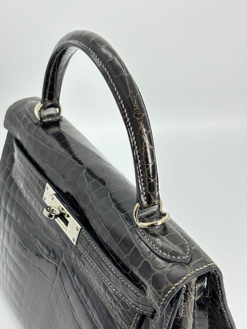 [SALE] Preowned. Hermes Kelly 28 Croc Gris Fonce. J45S|3368