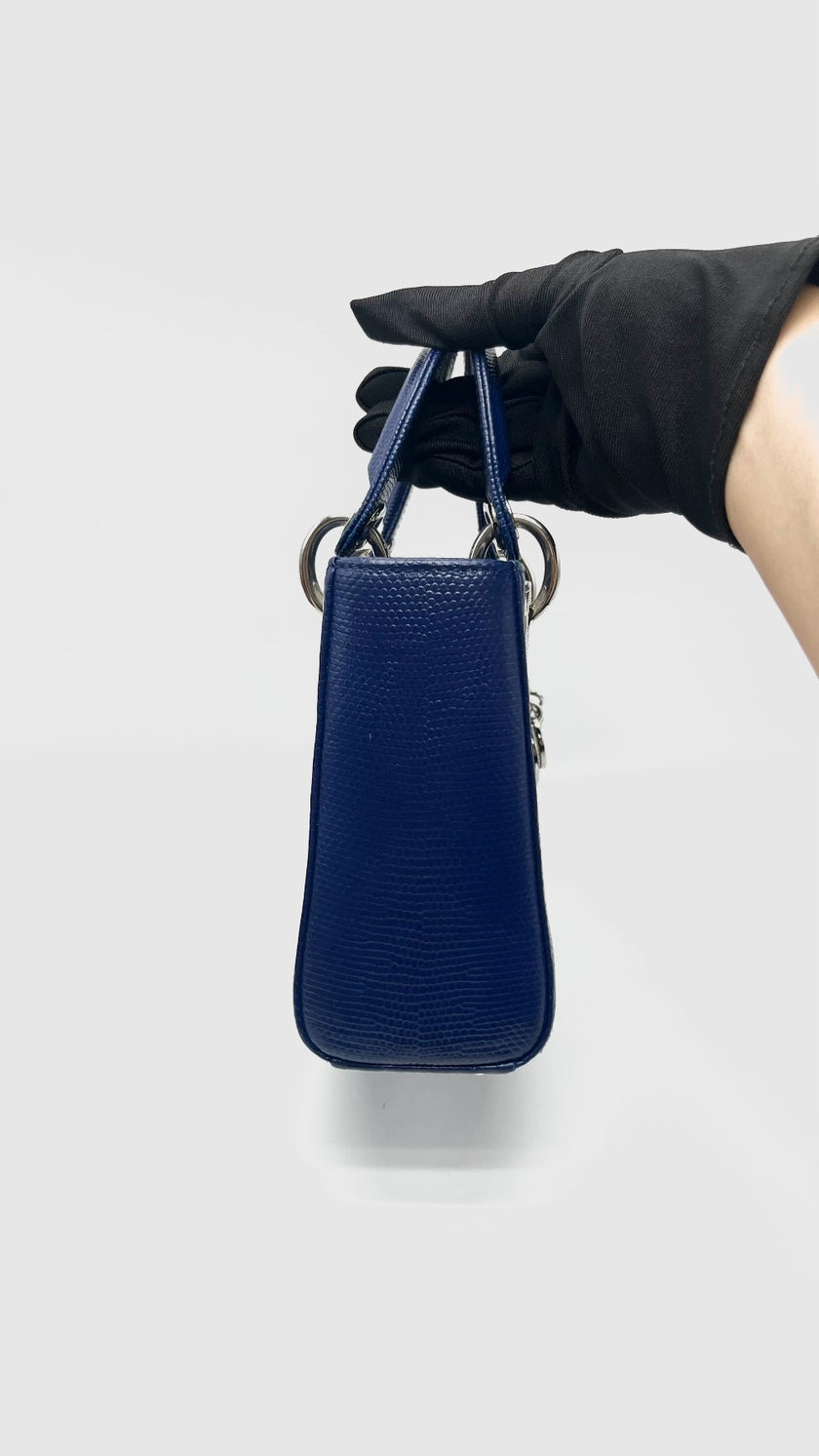 Preowned. Lady dior Mini Lizard Blue With Silver Stone Crystal SHW. 02MA0189|16624