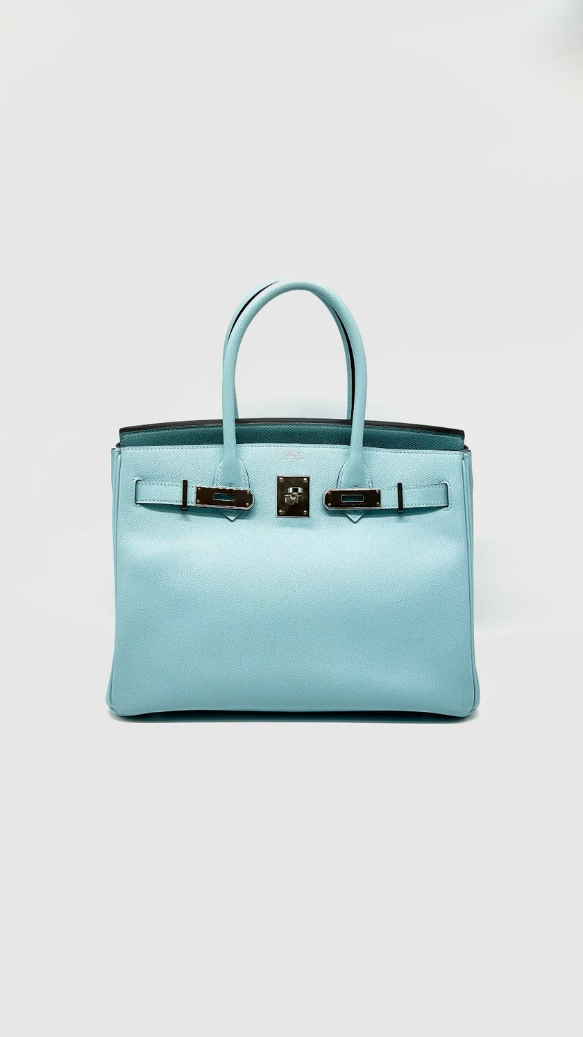 Preowned. Hermes Birkin 30 Blue Atoll Epsom PHW. TBY011KX|15220