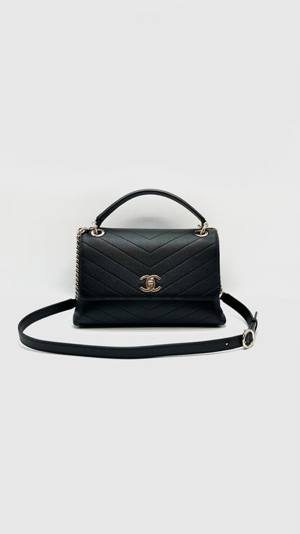 Like New. Chanel Top Handle Chevron Black Calfskin GHW. 27528955|16526