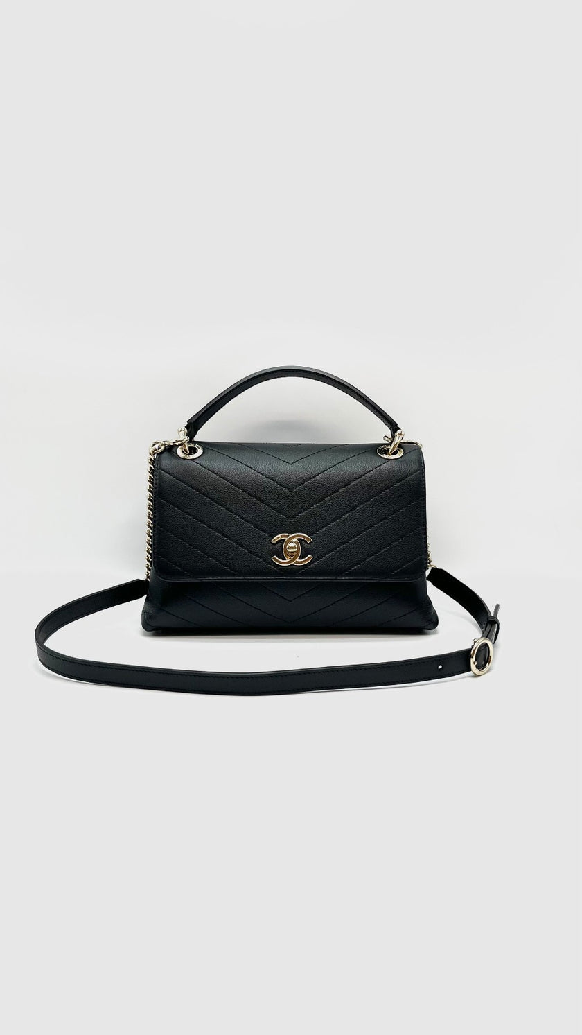 Like New. Chanel Top Handle Chevron Black Calfskin GHW. 27528955|16526