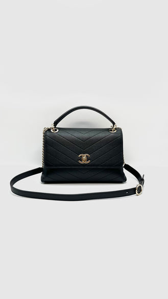 Like New. Chanel Top Handle Chevron Black Calfskin GHW. 27528955|16526