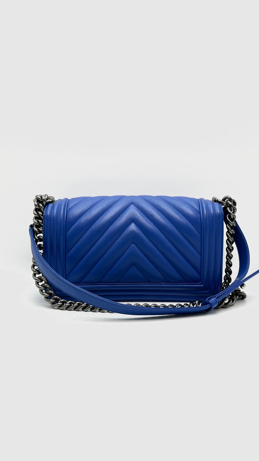 Preowned. Chanel Leboy Old Medium Blue Chevron Lambskin Ruthenium Hardware. 22584670|16087