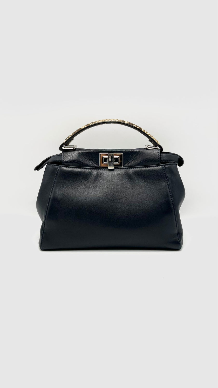 Preowned. Fendi Peekaboo Mini Black Phyton Handle SHW|15664