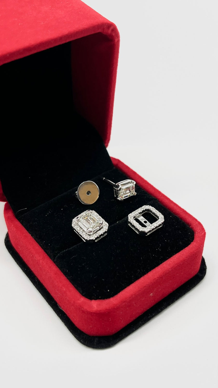 Preowned. Emerald Cut Earrings With Detachable Halo Jacket Earrings Color 14K J 2.02 TCW Clarity SI|9395