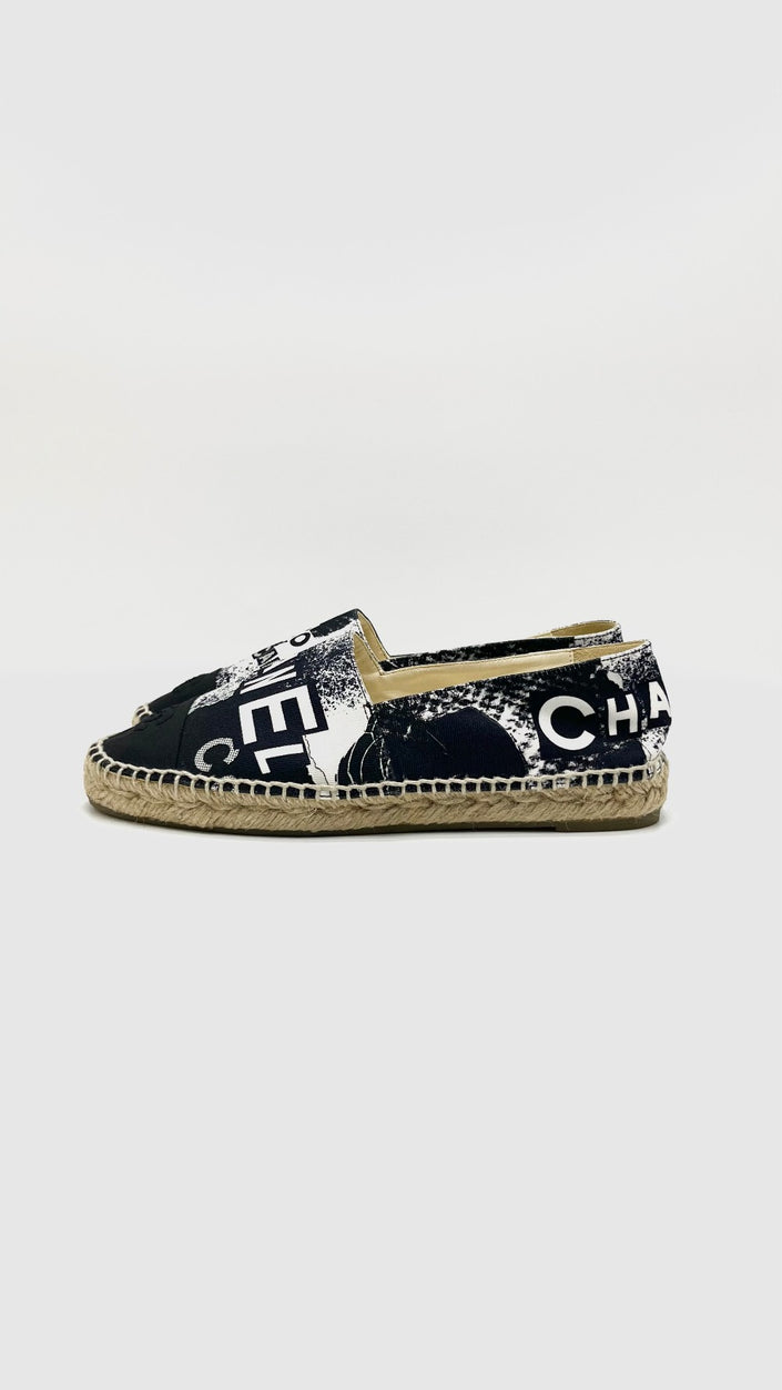 Brand New. Chanel Espadrilles Printed Canvas Grosgrain Black/White. 39|15762