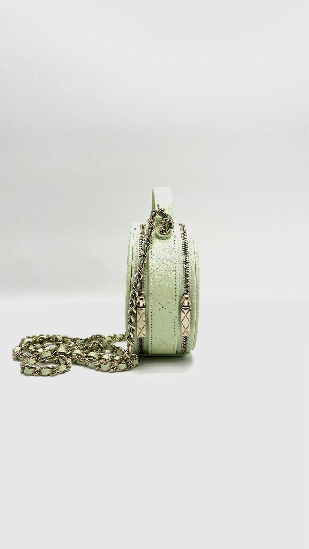 Brand New. Chanel Quilted Round Handle With Care Vanity Chain Light Green Caviar GHW. 31775245|15540