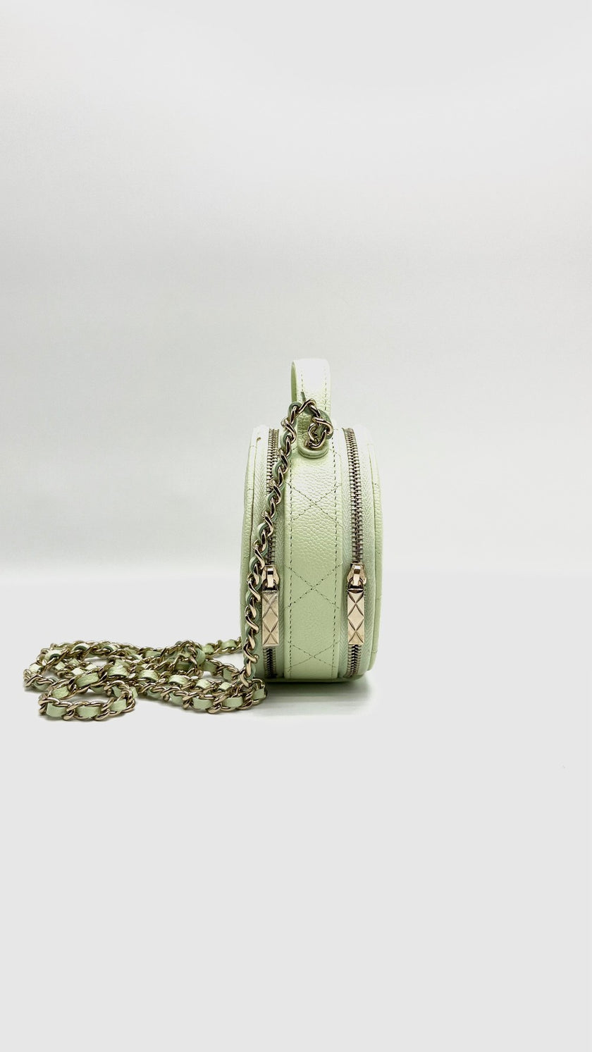 Brand New. Chanel Quilted Round Handle With Care Vanity Chain Light Green Caviar GHW. 31775245|15540