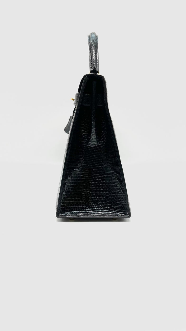 Preowned. Hermes Kelly 32 Noir Lizard GHW. U Circle R|11221