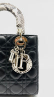 Like New. Lady Dior Small Black Lambskin with Snakeskin Top Handle GHW. 02MA0254|14676
