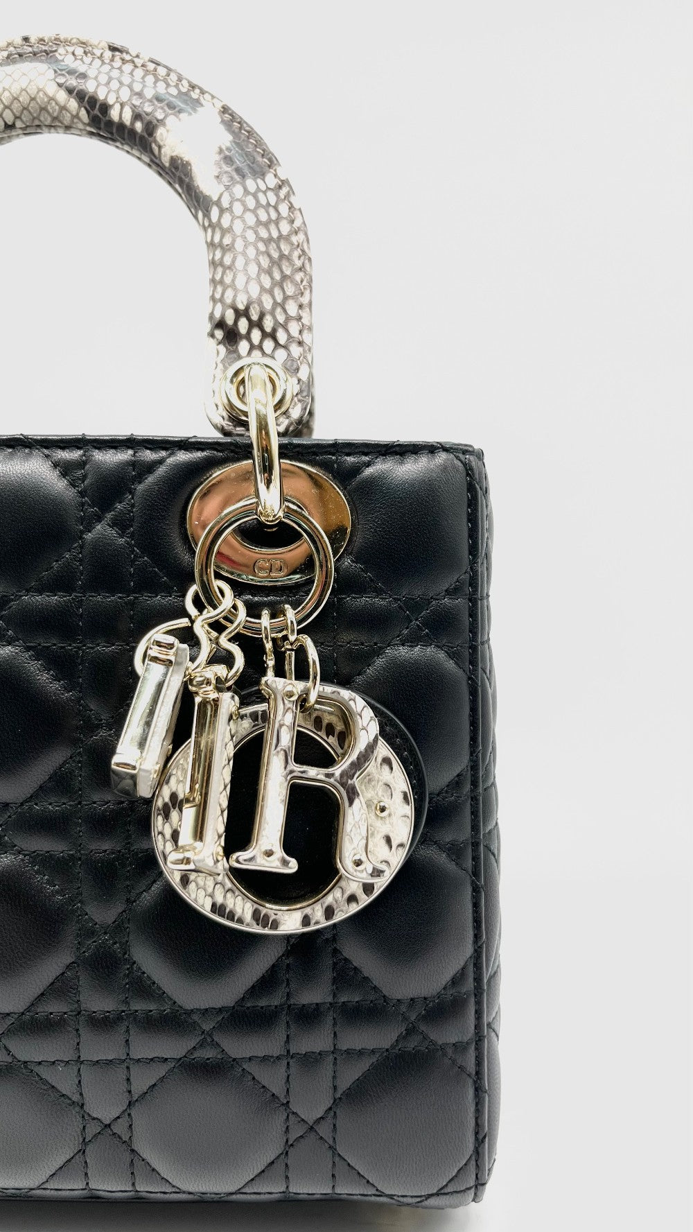Like New. Lady Dior Small Black Lambskin with Snakeskin Top Handle GHW. 02MA0254|14676