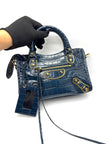 Unused. Balenciaga Metallic City Edge Mini Croc Blue GHW|17457