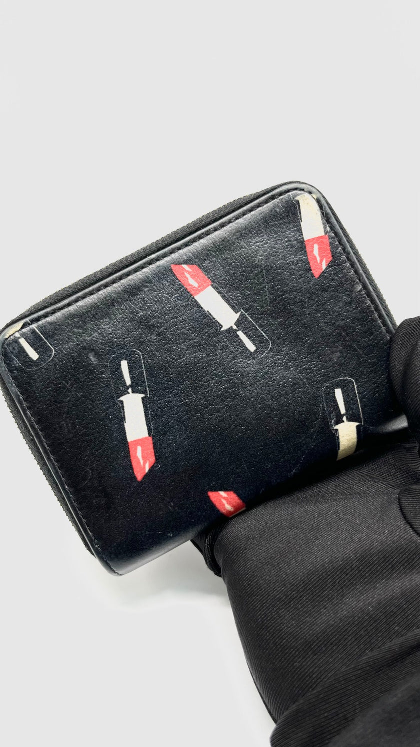 Preowned. YSL Lipstick Pattern Zip Wallet Black GHW|9604