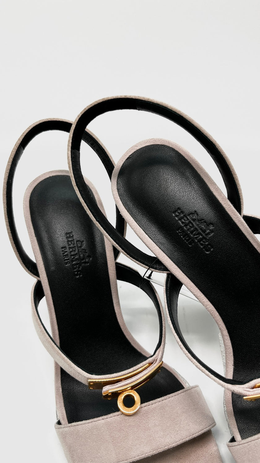 Brand New. Hermes Glamour Heels Suede Rose Porcelaine. 37.5|11341